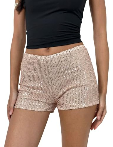 Women Y2K Summer Sexy Sequin Micro Shorts Low Elastic Waistband Solid Sparkly Stretch Hot Pants Party Rave Bottoms Streetwear (Champagne, L)