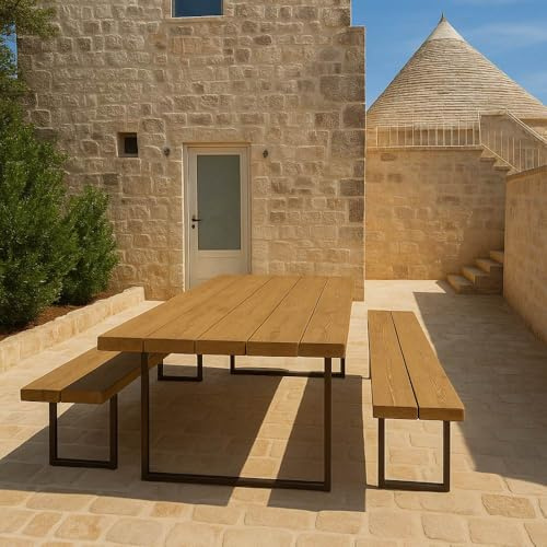 SUNWOOD Gartentisch aus Termowood mit 2 Bänken, Tischplatte 209 x 90 cm, Beine aus Stahl mit Corten-Effekt