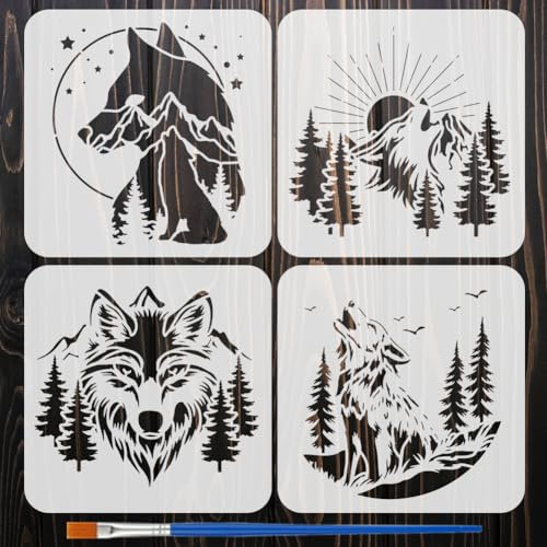 FINGERINSPIRE 4 Stück Wolfsgebirge Wald Malschablone Mit Pinsel 20x20cm 4 Stile Waldtier Schablone Wiederverwendbare Bergwolf DIY Schablonen Langlebige Schablonen Für Heimdekoration Projekte