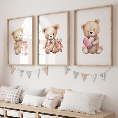 3 Bilder Babyzimmer Bären 30X40CM Poster Teddybär Bilderwand Kinderzimmer Leinwand Bär Bilder Teddybär Poster Bär Kinderzimmer Bilderwand Kinder Baby Mädchen Rosa Leinwand Rosa ohne Rahmen