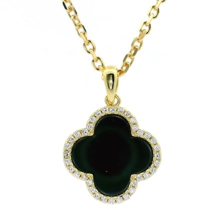 Lucoro - Kleeblatt Halskette Damen 925 Silber 18K vergoldet – Zirkonia & Onyx Anhänger, verstellbar 42–45 cm – Schmuck für Frauen & Mädchen, elegantes Geschenk mit Schmuckbox