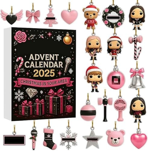 Blackpk Music 2025 Adventskalender 24 Tage Countdown 24 2D-Acryl Weihnachtsdekorationen Schwarz Pink Design Überraschungen für alle Fans