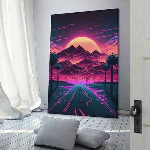 POLIUAWS Neon Sonnenaufgang Berge Gemälde für Schlafzimmer für Toilette Badezimmer Dekoration Toilette Wandkunst 8x12 Zoll (20x30cm)