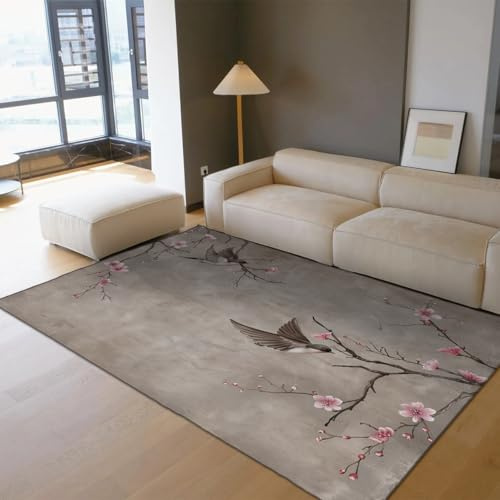 Area Teppich 60x90 Soft rutschfest Kurzflor waschbar Swallows Pink Cherry Teppiche Boho Modern Blumen Vorleger for Wohnzimmer Schlafzimmer Esszimmer Japanese Style Taupe Büro Decor