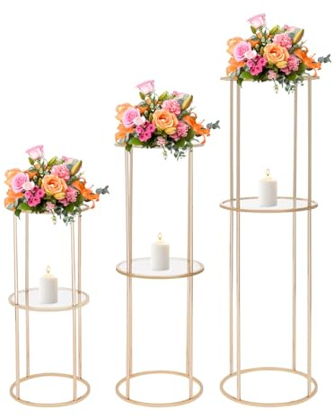 PromiseFly 3er-Set Blumenhocker Zweischichtig Blumenständer Blumensäule Pflanzenhocker Pflanzenständer Metallständer für Hochzeiten, Partys, Geburtstage, Feiern, Hotels 60cm/80cm/100cm (Gold)