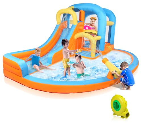 Bonnlo Inflatable Bouncy Castle with Large Water Slide (550x295x225cm), Inflatable Bounce House, Splash Pool, Climbing Wall & Tunnel, Kids Bouncy Castle for Garden, Age 3-8 Years