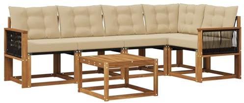 vidaXL Outdoor-Sofagarnitur mit Kissen 6 pcs Natur und Beige, Akazien Outdoor Sofa Set, modische Möbel für Terrasse, wetterfester Couch, entspannende Sitzgruppe im Garten