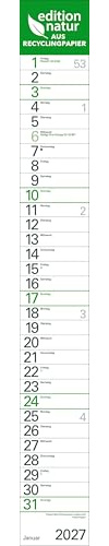 Streifenplaner Grün Recyclingpapier Edition Natur 2027: Wandplaner und Bürokalender als praktische Monatsübersicht. Streifenkalender schmal: 11,8 x 89 cm
