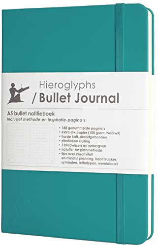 Bullet Journal/dotted notitieboek A5 - met Nederlandstalige methode - genummerde pagina’s, opbergvak, 3 leeswijzers, elastieken sluiting - van Hieroglyphs
