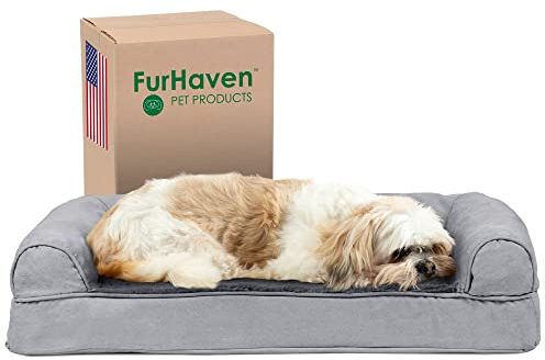 Furhaven Pet Bed for Dogs and Cats - Plush and Suede Sofa-Style Cooling Gel Foam Dog Bed, Removable Machine Washable Cover - Gray, Medium