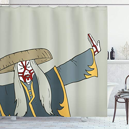ABAKUHAUS Japan Duschvorhang, Alte japanische Person, Stoffliches Gewebe Badezimmerdekorationsset mit Haken, 175 x 200 cm, Blasser Rosedagrün