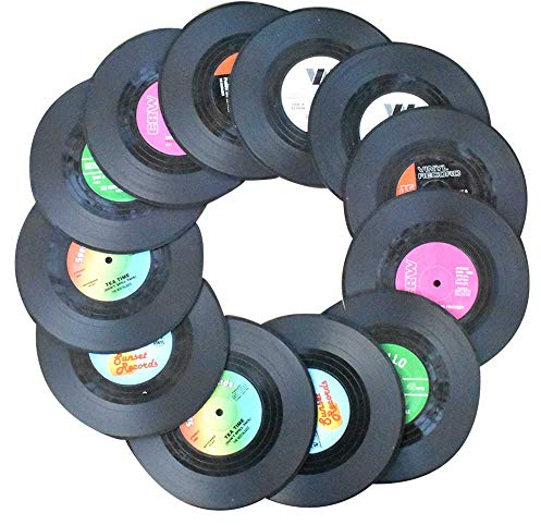 Awtlife - Lot de 12 dessous de verre rétro - Motif : Disque vinyle - Pour un mariage