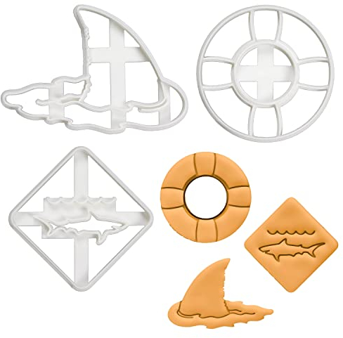 3er Set Hai Attacke Ausstechformen (Formen: Haifischflosse, Rettungsring, & Hai-Warnschild) 3 Teil, Bakerlogy