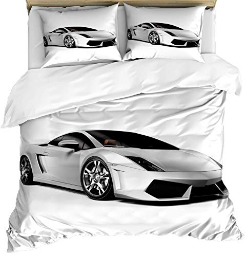 Loussiesd Race Car Duvet Cover Sets Single Size Boy Man Sport Bedding Set with Zipper Closure for Kids Teens 3 Pieces Skin Friendly Comforter Cover 3D Speed Sports Car Quilt Cover White Black