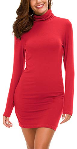 Femmes Casual Confortable Col Roulé Longues Manches élastique Mini Robe Sexy Bodycon Club Robe (M, Rouge)