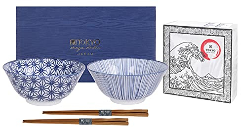 TOKYO design studio Nippon Blue 2-er Schalen-Set blau-weiß, Ø 15 cm, ca. 500 ml, asiatisches Porzellan, Japanisches Design mit geometrischen Mustern, inkl. 2 Paar ESS-Stäbchen & Geschenk-Verpackung