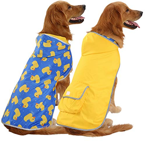 HDE Wendbarer Hunde-Regenmantel mit Kapuze, für kleine, mittelgroße und große Hunde, Enten/Gelb, Größe XL