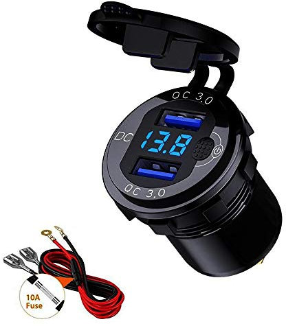 QC3.0 Cargador USB para automóvil Puerto Dual 9V ~ 32V 36W Carga rápida con Interruptor de Pantalla de voltímetro Digital LED para vehículos Barco Moto SUV Autobús Camión Caravana Marina (QC3.0 USB)