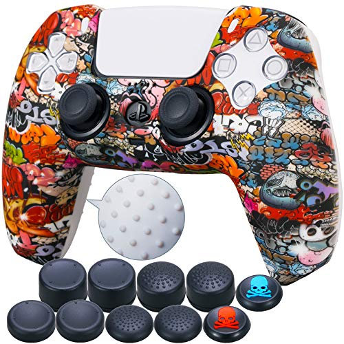 9CDeer 1 Piece of Silicone Transfer Print Protective Cover Skin + 10 Thumb Grips for Playstation 5 / PS5 Controller Small Skulls