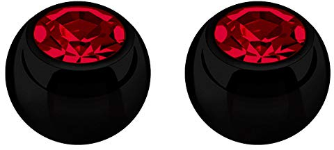 2X Piercing Schmuck Verschluss Kugel schwarz in 1,6 x 6 mm, gefaßter Zirkonia in rot
