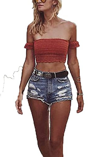 Womens Off Shoulder Beach Bikini Ruffle Sleeve Bandeau Knit Crochet Top Lace-up