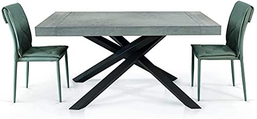 Mar.c.a. Design - Table extensible fabriquée en Italie en bois mélaminé avec finition Beton, table couleur gris ciment avec pieds métalliques croisés et 2 rallonges - Mis. 160 x 90 fermé et 260 x 90