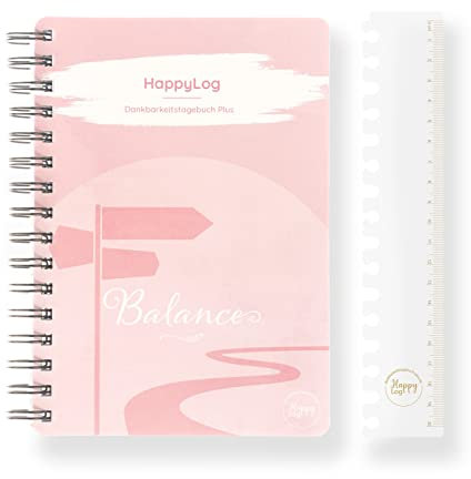 HappyLog Dankbarkeitstagebuch Plus Balance, Achtsamkeit Tagebuch für Erwachsene mit 5 Impulsen der Persönlichkeitsentwicklung & Gesundheit, pro Monat 1 Thema