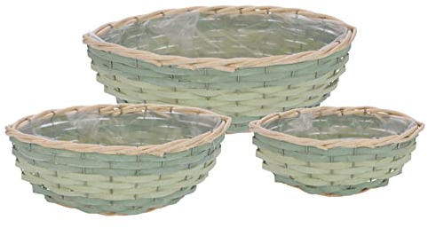 Spetebo Holz Pflanzkorb 3er Set in grün mit Folie - 40/31 / 23 cm - Blumenschiffchen aus Holzgeflecht - Deko Kräuter Blumen Pflanz Kasten Korb Schiffchen oval