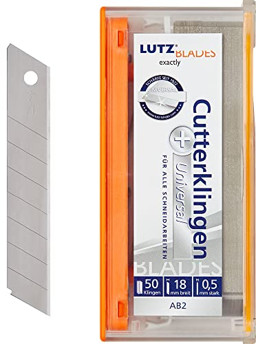 LUTZ BLADES Universal Cuttermesser Klingen 18mm | 50 Stk. | Karbonstahl Abbrechklingen von LUTZ in Solingen | Scharfe Teppichmesser Klingen | Cutter Ersatzklingen für Folien, Tapete, Leder und mehr