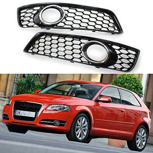 GSRECY Griglia paraurti anteriore sinistra e destra, colore nero, a nido d'ape, per griglia fendinebbia, accessori compatibili con Audi A3 8P 2008-2012 (anello cromato)