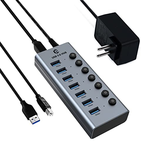 7 Ports Hub USB Alimenté, HOPDAY Hub USB 3.0 avec commutateurs individuels LED avec Adaptateur d'alimentation Câble Long de 1m pour MacBook, Surface, Dell, Ordinateur Portable, PC, HHD, SSD