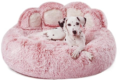 Jiupety Lit Rond pour Chien Chat de Forme de la Patte, Panier pour Chien en Forme de Beignet, Très Grand Format Le diamètre est de 81 cm, Confortable et Doux, Lavable en Machine, Rose