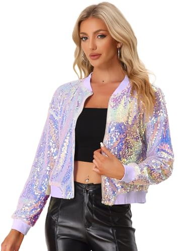 Allegra K Damen Glitzer Jacke Bomberjacke Pailletten Bomber Jacke Langarm Party Club Metallic Sequin Jacken Weiß Blau L