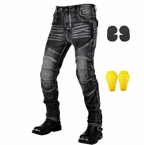 GEBIN Pantalón Moto Hombre, Vaquero para Carreras de Motocross, Elástico, Jeans con 4 x Equipo de Protección (Negro, M)