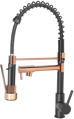 EGTink Wasserhahn Küche Küchenarmatur mit Brause 360° Schwenkbar Mischbatterie Spiralfeder Armatur Spültischarmatur Spiralfederarmatur, Rose Gold + Schwarz