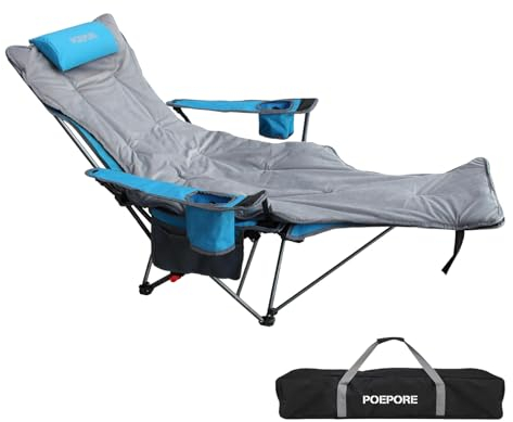 POEPORE Campingstuhl Faltbar mit Fußablage 4-Fach Verstellbarer Strandstuhl Liegestuhl Angelstuhl Campingstühle für Erwachsene mit Wattepad Kissen Getränkehalter Armlehnentaschen Blau