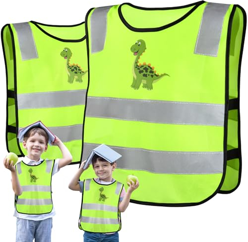 2 Stück Warnweste Kinder,Sicherheitsweste Kinder,Atmungsaktiv Und Universal Größe,Leichte Warnweste Kinder Reflektorweste,Ideal für Schulen,Sport und die Sicherheit von Jungen-Grüner Dinosaurier