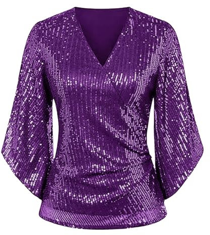 UnoSheng Top da donna in argento, con paillettes, maniche a 3/4, scintillante, con scollo a V, elegante top per feste serali con glitter, Lilla, L