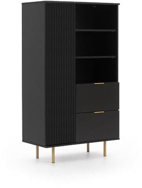 Lomadox Highboard Vitrinenschrank in schwarz matt, Front mit Rillenoptik, Goldfarbene Griffe und Füße