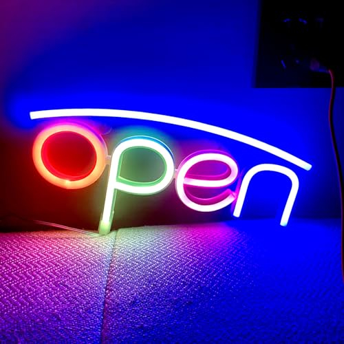 OPEN Leuchtreklame, LED-Nachtlicht für Restaurant, Bar, Salon, Hotel, Geschäft, Kino, Café, Club, Bank, Wand, Fenster, Dekoration, USB-betrieben (oberes Meeresblau und unteres Rot-Grün-Rosa-Blau)