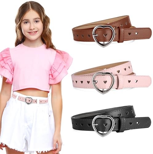 3 Stück Kindergürtel Mädchen, PU Verstellbare Herz Schnalle Taillengürtel, Herz Schnalle Leder Mädchen Gürtel, Kindergürtel für 6-12 Jahre Mädchen Hosen Röcke Jacken (Kamelfarbener, Schwarz, Rosa）