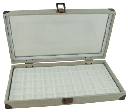 Box Displays Gris Lin Bois Couvercle en Verre Coins en Laiton et Fermoir Vitrine avec Choix d'insert de Compartiment (Blanc, 50 Compartiments)