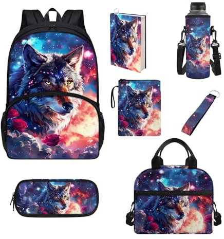 Chririnla Ensemble cartable 7 pièces avec sac à déjeuner isotherme + trousse à stylos + porte-clés + housse de livre + porte-bouteille pour la rentrée scolaire, Galaxy Wolf., Sac à dos enfant