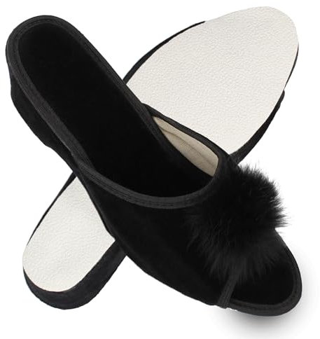 filsko Offene Damen Pantoletten mit Keilabsatz | Samtmaterial in schwarz Latina | Hausschuhe | mit flauschigem Puschel | Absatz 4,8 cm | EU-Schuhgröße 39