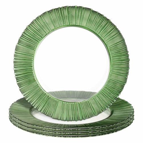 13 Inch Clear Glass Charger Plates with Green Rim, 4 Packs Glass Chargers Service Plates, Glass Chargers for Wedding Birthday and Various Occasions (Clear with Green Edge)