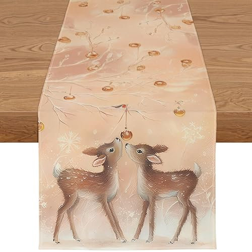 YCOLL Weihnachtsdeko Tisch Tischläufer Weihnachten Tischläufer Rosa Hirsch Winter Wasserabweisend Tischläufer Modern Weihnachtstischläufer für Drinnen und Draußen Party Küche Esstisch Dekoration