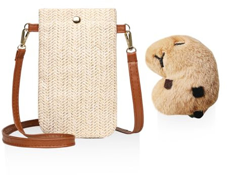 1 borsa a tracolla bianca, 1 ciondolo capibara, borsa a tracolla con chiusura magnetica, borsa a tracolla con tracolla lunga, borsa per telefono verticale intrecciata, borsa laterale da donna