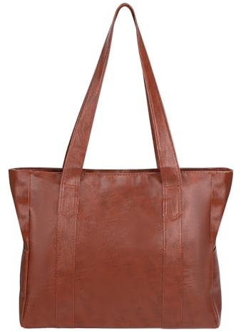 ZLLkeji Tragetasche Damen Shopper Tasche Tote Bag Pu Leder Tasche mit Reißverschluss Wasserdicht Groß Umhängetasche für Alltag, Büro, Schule und Einkauf Braun