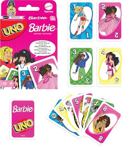 Mattel Games UNO Barbie Kartenspiel mit spezieller Hi, Barbie! Regel für Kinder, Erwachsene & Familiennächte, Spieleabende, Reisen, Camping & Partys
