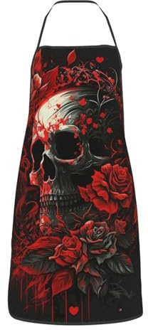 KWQDOZF Kochschürze mit Totenkopf-Motiv, rote Rosen, dunkle Vintage-Optik, mit Tasche, wasserdicht, für Küche, Grillen, Latzschürzen für Männer und Frauen